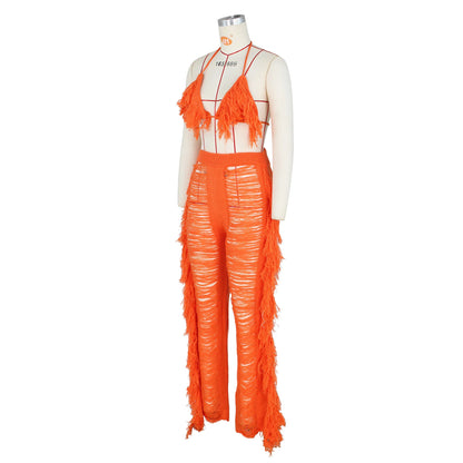 Tassel Knitted Pants Two Piece Set Resort Outfit Vacation Outfit Beach Cover Up