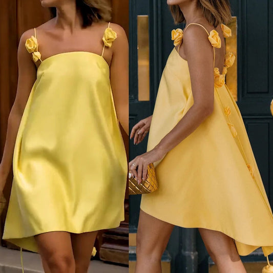 Suspender Satin Dress Casual Loose Vacation Women's Mini Dress