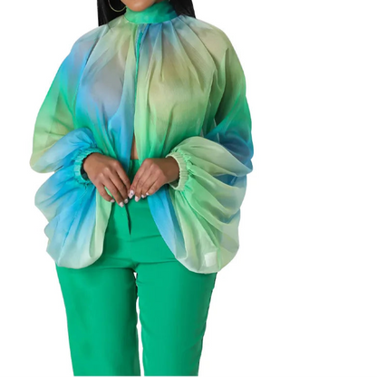Womens Chiffon Blouse Sexy See Through Lantern Sleeve Front Back Open High Neck Blouses Tops