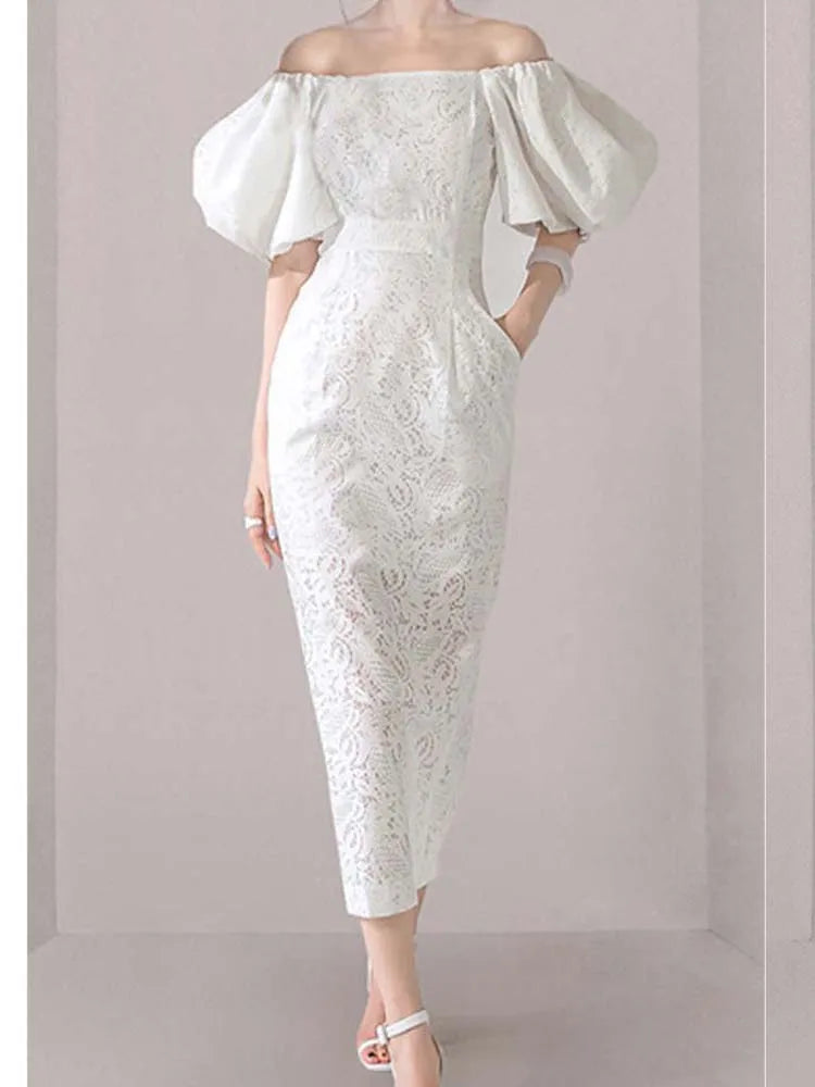 Women's White Midi Dress Elegant Lace One-Piece Collar Lantern Sleeve Hip Hugging Dress