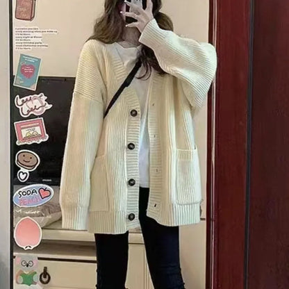 Women Cardigan Long Sleeve V-neck Loose Knitted Sweater Cardigan