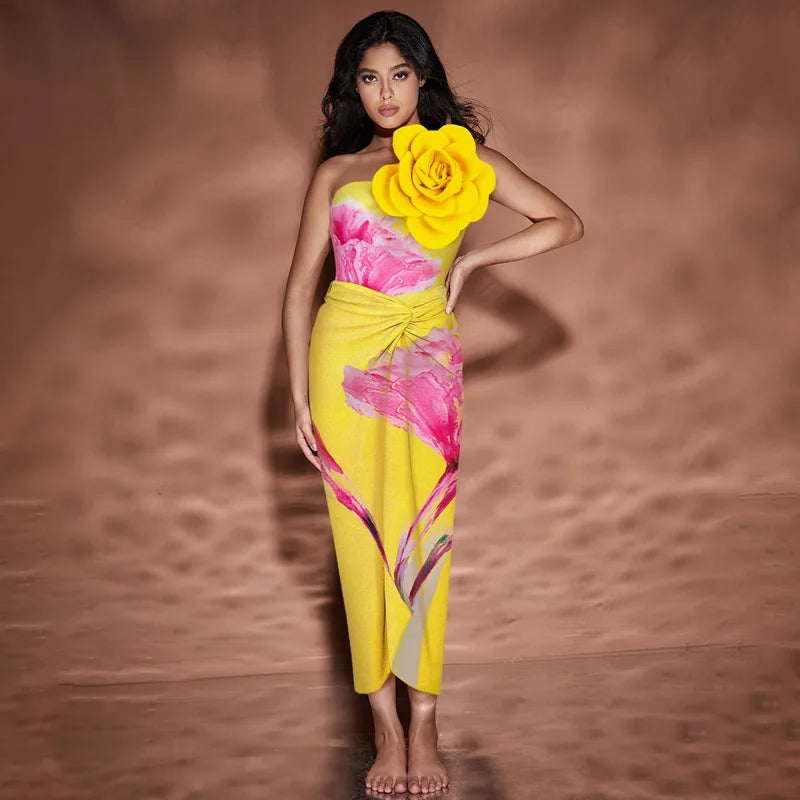 Yellow Printed Women 3D flower One Shoulder Beachwear with Skirt Two Pieces Sets Swimwear Bathing Suit