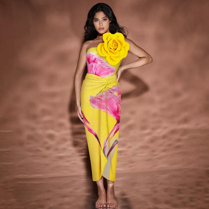Yellow Printed Women 3D flower One Shoulder Beachwear with Skirt Two Pieces Sets Swimwear Bathing Suit