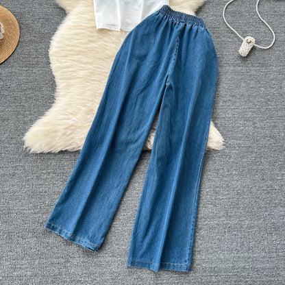 Women Denim pant sets Design Matching Color Short-sleeved T-shirt Tops + High-waisted Casual Pants