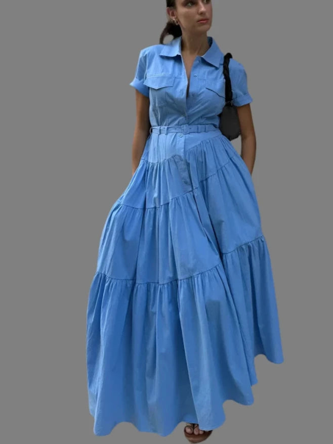 Solid Turn-Down Collar Short Sleeves Belt Single Breasted Female Summer Elegant Dress