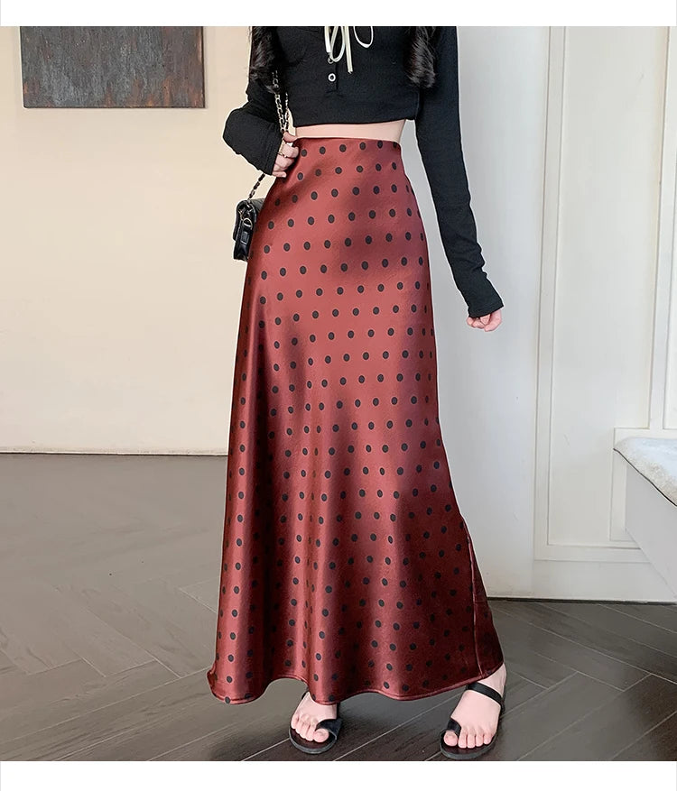 Polka Dot Satin Skirt Women's High Waist Versatile Elegant Dot Long Skirt
