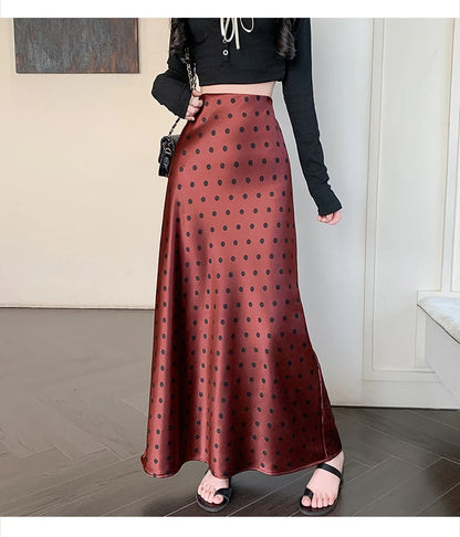 Polka Dot Satin Skirt Women's High Waist Versatile Elegant Dot Long Skirt