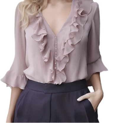 Beaded Women's Summer Long Sleeve Chiffon Top Ruffles V-Neck Lightweight Casual Tulle Blouses