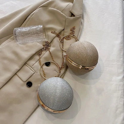 Gold Bright Silk Circular Evening Bag Women Banquet Clutch Rhinestone Chain Shoulder Bags