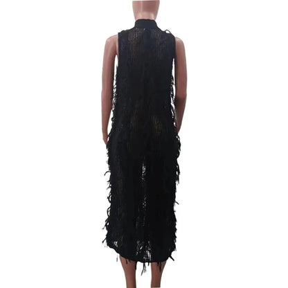 Fur Hollow Out Perspective Midi Dress Women Round Neck Sleeveless Slim Dress