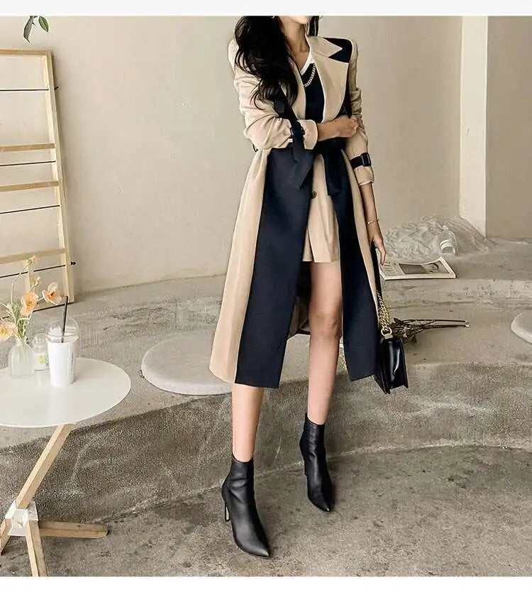 Contrast Full Sleeve Buttons Belted Women Long Trench Coats