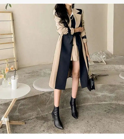 Contrast Full Sleeve Buttons Belted Women Long Trench Coats