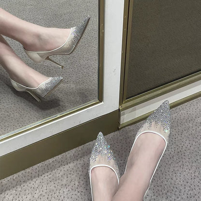 Mesh Pointed Shallow Mouth Sexy Pump Heels Stiletto Shoes Bridal Shoes