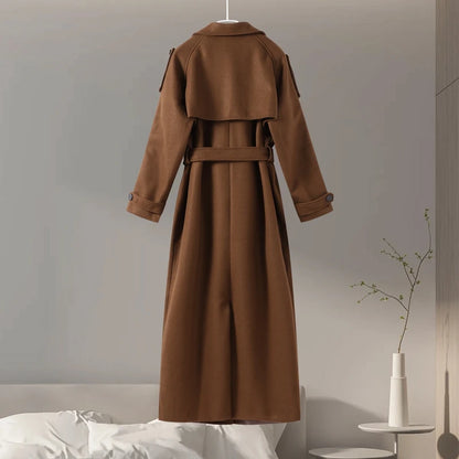 Urban Solid Double Breasted Long Women Coat Loose Full Sleeve Belt Double Breasted Jacket