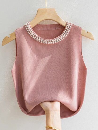 Knitted Sleeveless Beaded Casual Thin Tops