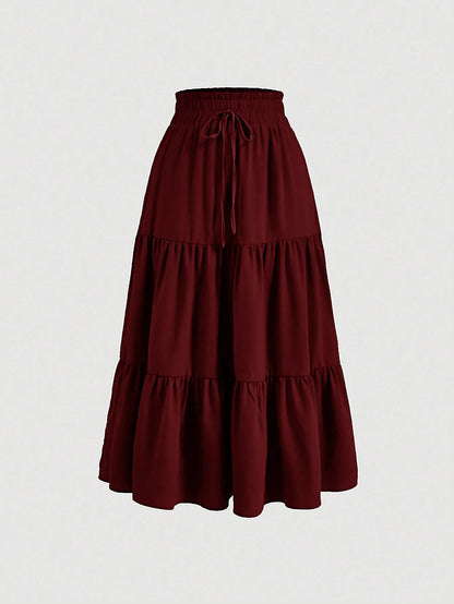 Women's Patchwork Solid Color Loose Skirt; Commuting Casual Cake Skirt; Elastic Waist Elegant Skirt