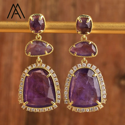 Luxury Crystal Earrings Wedding Jewelry Healing Natural Gemstone Amethysts Amazonite Labradorite Stud Earring Gift to Women