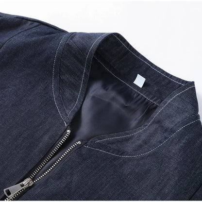 Denim Jacket Mini Skirt Women 2 Piece Set Stand Collar Zipper Long Sleeve Pocket Coat A-line Skirts