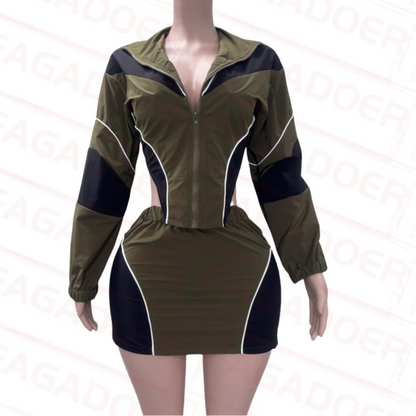 Color Block Two Piece Set For Women Casual Zip Lantern Sleeve Irregular Crop Jacket + High Waist Skirts Suit