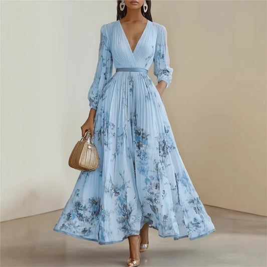 Fashion Floral Print Patchwork Bohemian Dress Woman Sexy Deep V Neck Hollow Long Dress Maxi Dress