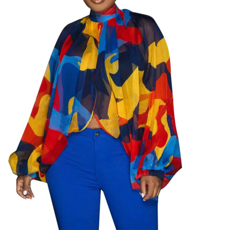 Womens Chiffon Blouse Sexy See Through Lantern Sleeve Front Back Open High Neck Blouses Tops