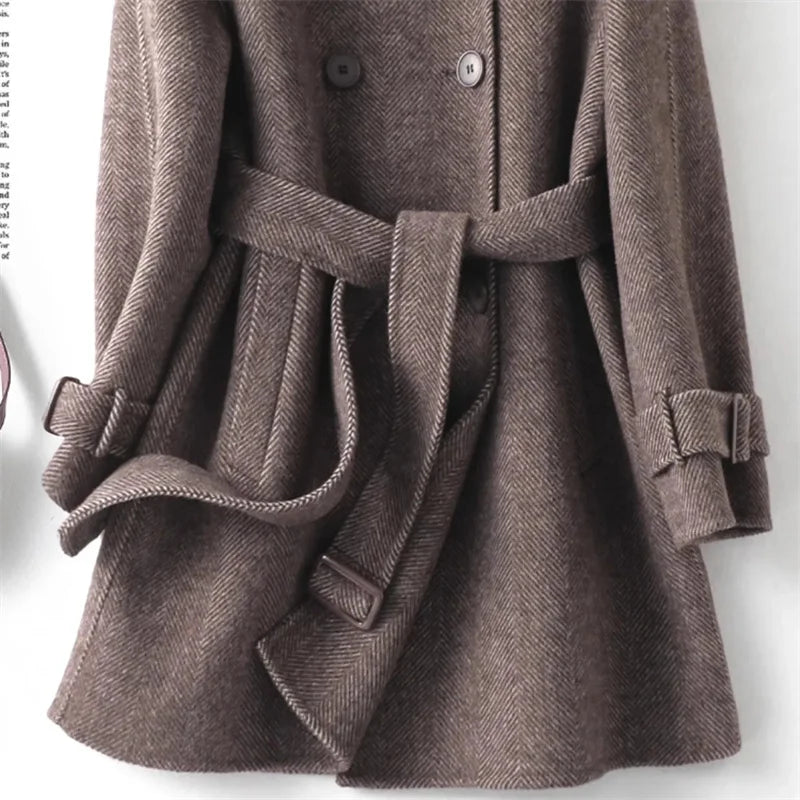Woolen Coat New British style POLO collar Lace up Double breasted Coat