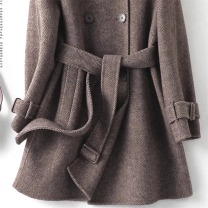 Woolen Coat New British style POLO collar Lace up Double breasted Coat