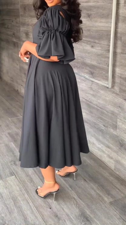 Vintage Women Criss Cross Open Back Lantern Half Sleeve V-neck Big Swing Dress
