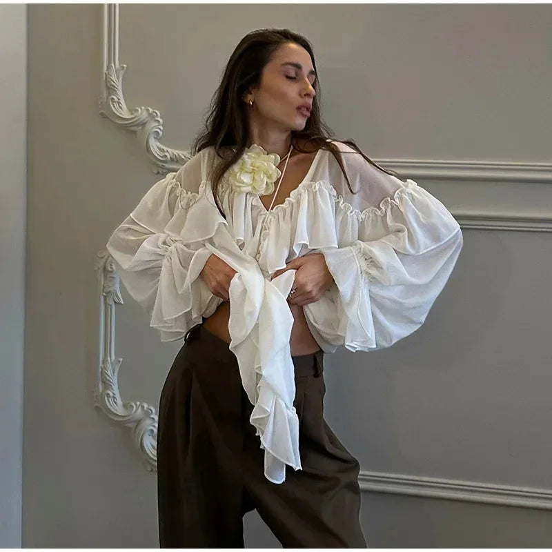 White Chiffon Shirt Women's V-Neck Sexy See Through Shirt Beach Ruffle Blouse