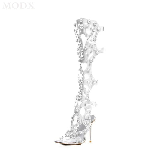 Roman Transparent Crystals Buckle High-heeled Sandal Boots