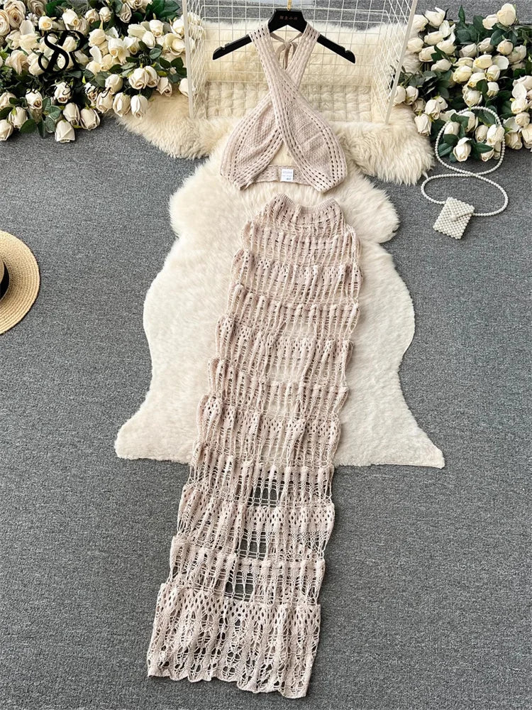 Hollow Out Female Beach Suits Fashion Cross Halter Camis+Split Long Skirt Two Piece Set Vacation Sets