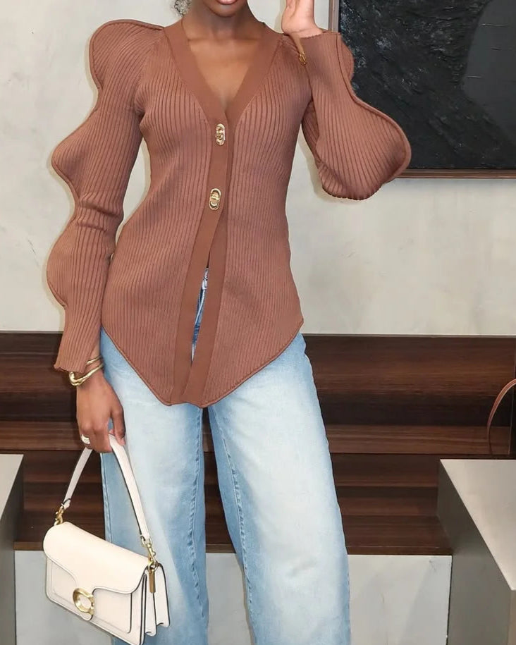 Vintage Ribbed Knit V-Neck Cardigan Top Fitted Puff Sleeve Gold Buttons Sweater