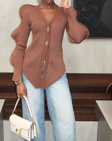Vintage Ribbed Knit V-Neck Cardigan Top Fitted Puff Sleeve Gold Buttons Sweater