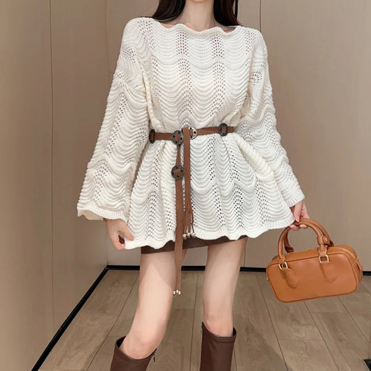 Women Tunic Sweater Pointelle Knit Long Sleeve Jumper for Leggings Cozy Knitwear
