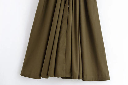 V-neck Lace-up Midi Dress Short Sleeve Backless Pleated Dress