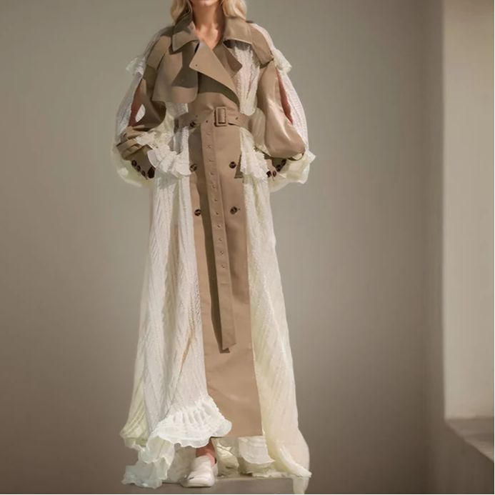 Lace Patchwork Trench Coat Women's Lapel Loose Double Breasted Windbreaker