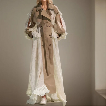 Lace Patchwork Trench Coat Women's Lapel Loose Double Breasted Windbreaker