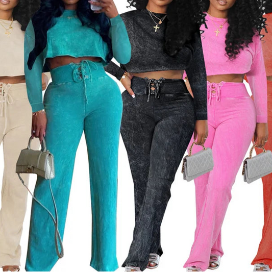 Casual Two Piece Set for Women Sweatsuit Sporty Long Sleeve Top and Lace-up Wide Leg Pants Joggers