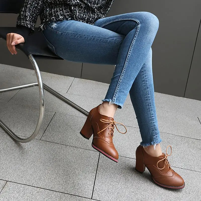 Pump Round Toe Chunky Heels 7.5cm Lace Up Plus Size 45 46 47 48 Office Shoes