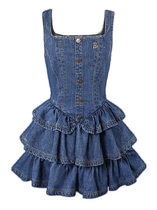 Denim Ruffle Mini Dress Y2k Korean Fashion Women Vintage Denim Dress