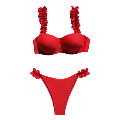 Black Red Push Up Bikinis Sets Ruffled Straps Swimwear Micro Thong Sexy Swimsuit Women Back Bow Bathing Suit