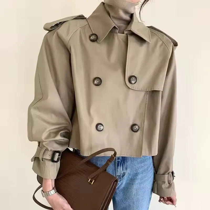Vintage Double Breasted Crop Jacket Trench Jackets Women Loose Chic Windbreaker