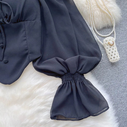 Flare Sleeve Women Top Ruffle Solid Elastic Waist Halter Backless Chiffon Blouse