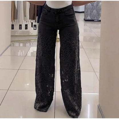 Urban Crochet Denim Women Pants Hollow Out Zippers Pocket Button Female Trousers