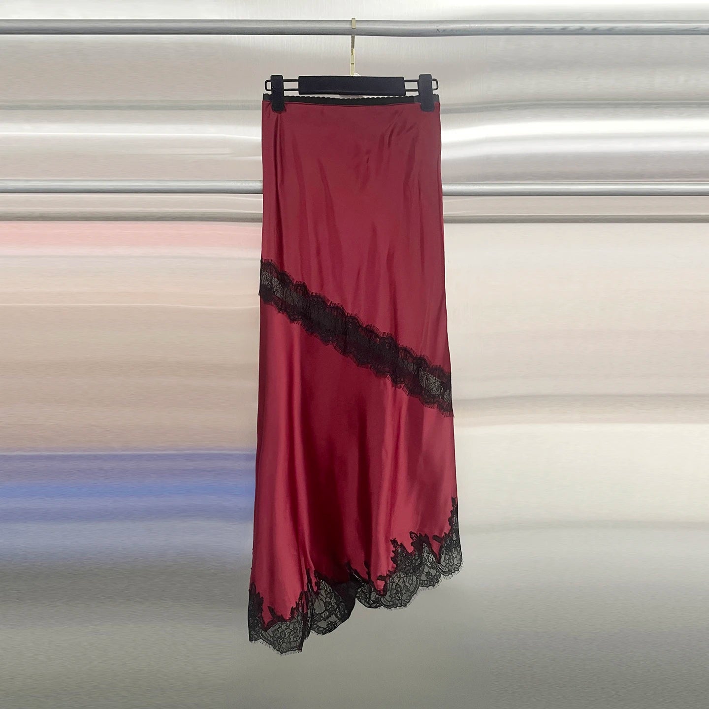 Sexy Asymmetrical Long Skirts Lace Hem Satin Skirt for Women