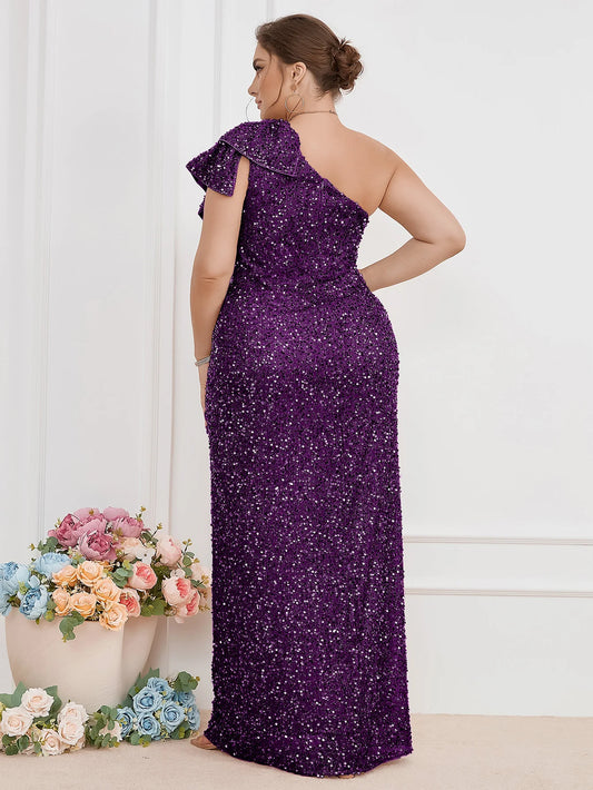 Women Plus Size Sequin One Shoulder Split Hem Evening Dress Prom Dress