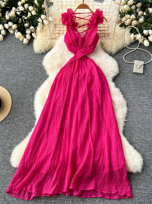Vacation Maxi Dress Ladies 3D Floral Hollow Out Backless Sexy Sundress