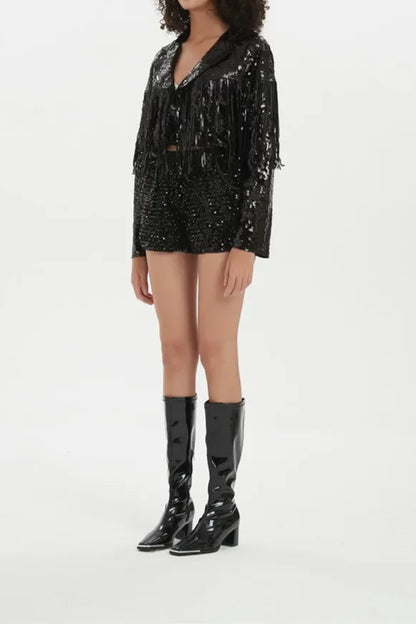 New Long Sleeve Sequin Tassel Patchwork Coat Cardigan Jacket