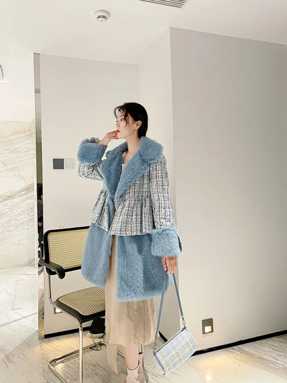 Winter Fur Coat Women Luxury Sequined Wool Faux Fur Long Jacket Fluffy Overcoat