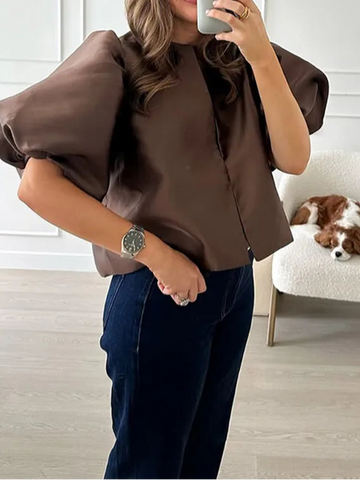 Solid Satin Women's Blouse Top With Pouf Balloon Sleeve O Neck Loose Blouses